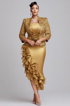 Xpluswear Design Plus Size Churchs Gold 3/4 Sleeve Ruffle Elegant 3D Two Piece Dress Set