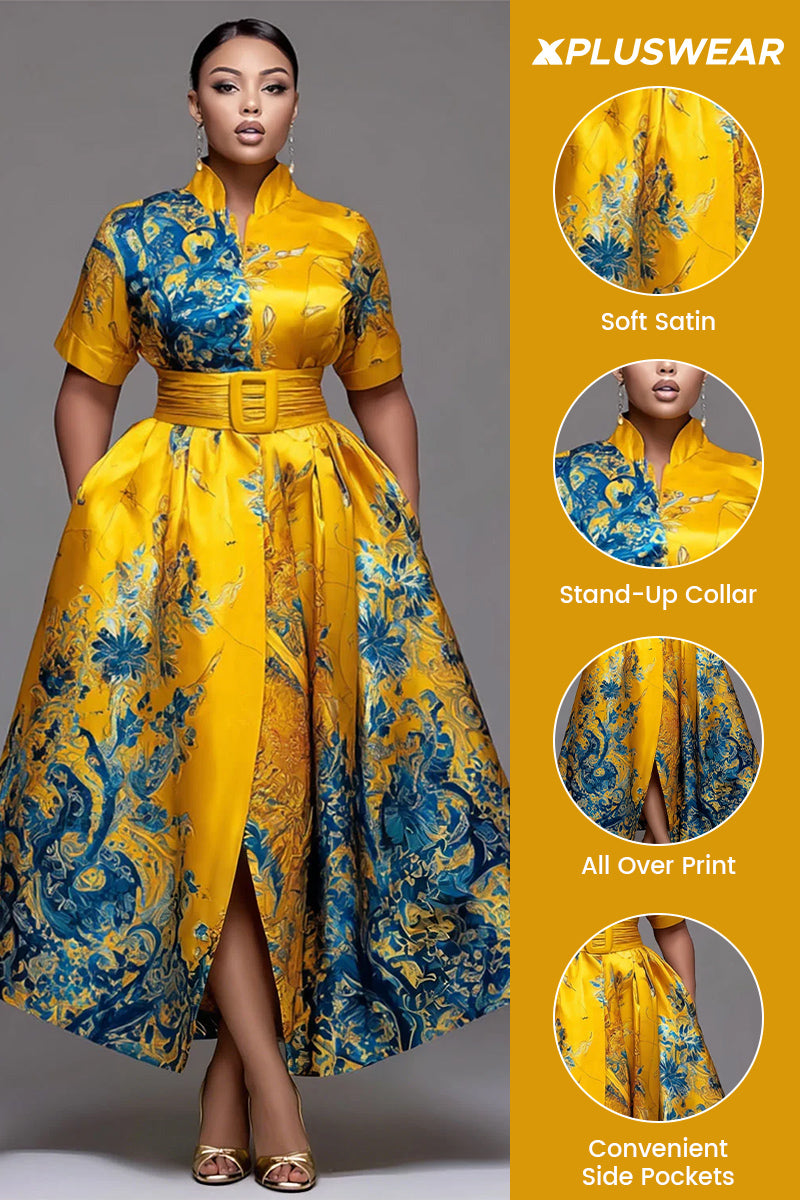 Xpluswear Design Plus Size Formal Yellow All Over Print Stand-Up Collar Short Sleeve Wrap Pocket Satin Midi Dresses