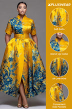 Xpluswear Design Plus Size Formal Yellow All Over Print Stand-Up Collar Short Sleeve Wrap Pocket Satin Midi Dresses