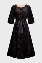 Curveins Plus Size Round Neck Floral Embroidery Belted Velvet Midi Dress