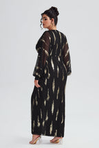 Curveins Plus Size Lantern Sleeve Slit Mesh Dress -Burgundy