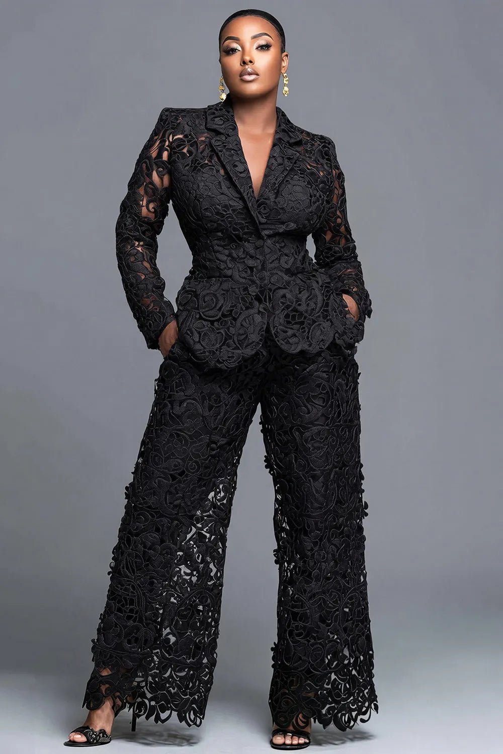 Xpluswear Design Plus Size Formal Black Lapel Collar Long Sleeve Cut Out Pocket Guipure Lace Two Piece Pant Suits