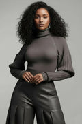 Plus Size Business Casual Grey Mock Neck Long Sleeve Casual Crochet Sweaters
