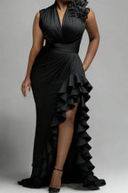Xpluswear Design Plus Size Formal Black V Neck Split Elegant Ruffle Maxi Dresses