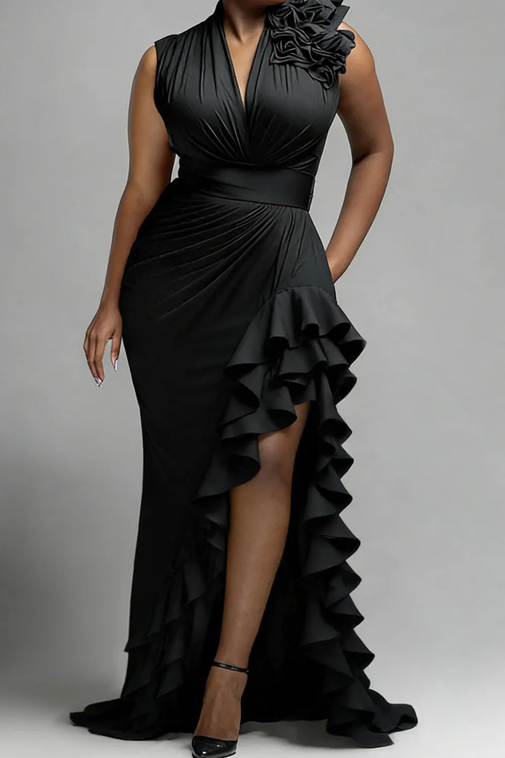 Xpluswear Design Plus Size Formal Black V Neck Split Elegant Ruffle Maxi Dresses
