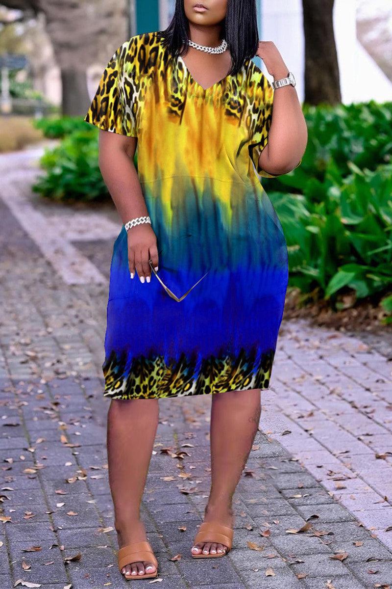 Plus Size African Casual All Over Print Basic V Neck Short Sleeve Midi Dress