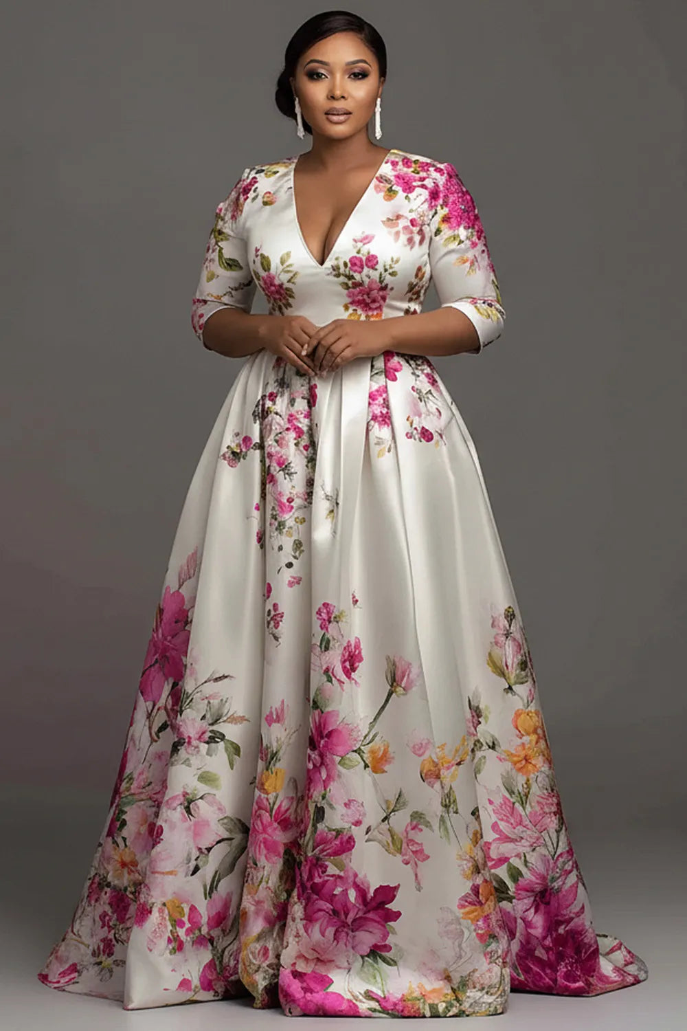 Xpluswear Design Plus Size Formal Multicolor Floral V Neck Short Sleeve Pocket Satin Maxi Dresses