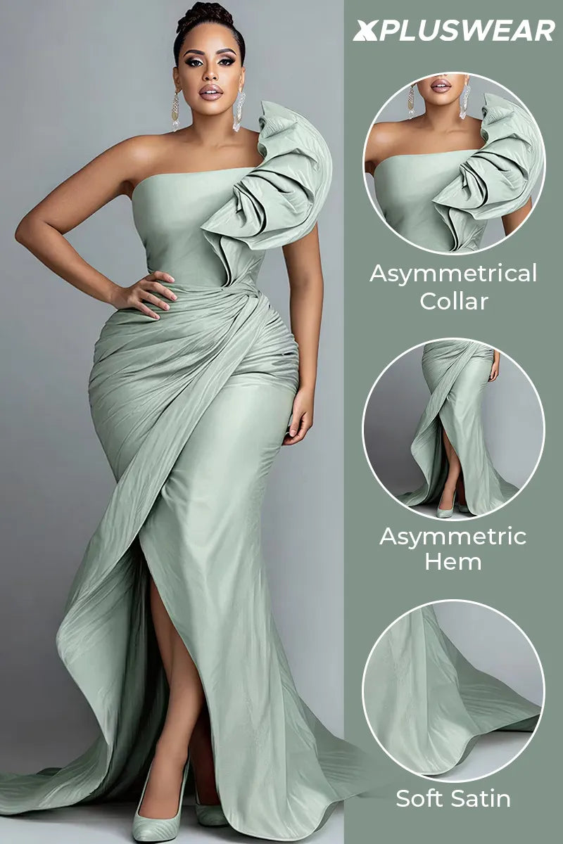 Xpluswear Design Plus Size Formal Sage Green Asymmetrical Collar One Shoulder Asymmetric Hem Irregular Hem Ruffle Satin Maxi Dresses