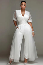 Xpluswear Design Plus Size Cocktail Party Elegant Tulle White V Neck Short Sleeve With Skirt Overlay Pocket Satin Jumpsuits