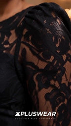 Xpluswear Design Plus Size Cocktail Party Black Round Neck Long Sleeve Feather Elegant Bodycon Lace Midi Dresses
