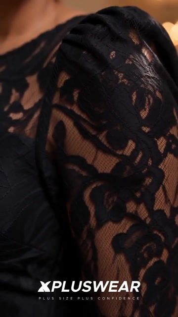 Xpluswear Design Plus Size Cocktail Party Black Round Neck Long Sleeve Feather Elegant Bodycon Lace Midi Dresses