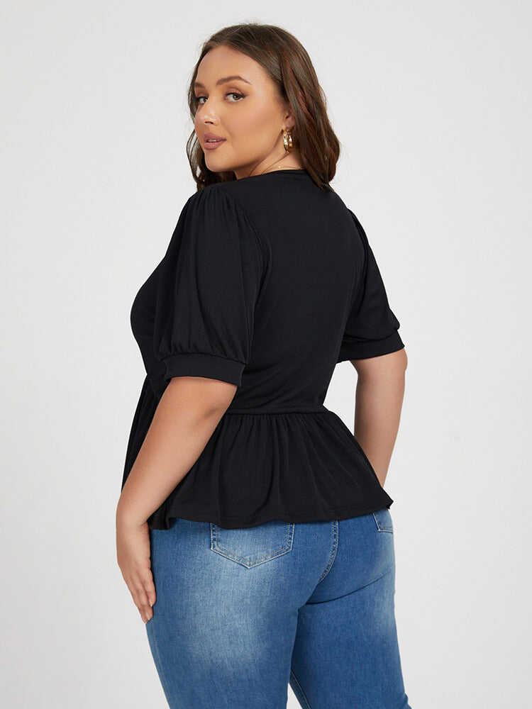 Plus Black Elastic Waist Puff Sleeve Blouse