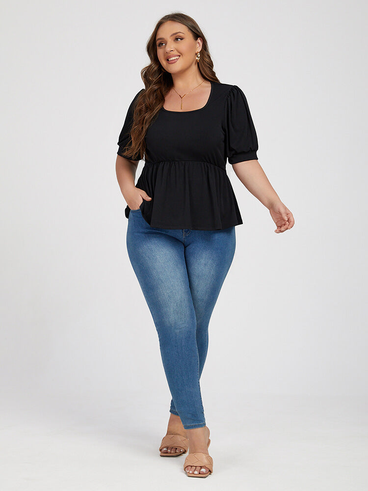 Plus Black Elastic Waist Puff Sleeve Blouse
