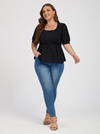 Plus Black Elastic Waist Puff Sleeve Blouse