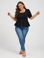 Plus Black Elastic Waist Puff Sleeve Blouse