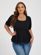 Plus Black Elastic Waist Puff Sleeve Blouse