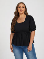 Plus Black Elastic Waist Puff Sleeve Blouse