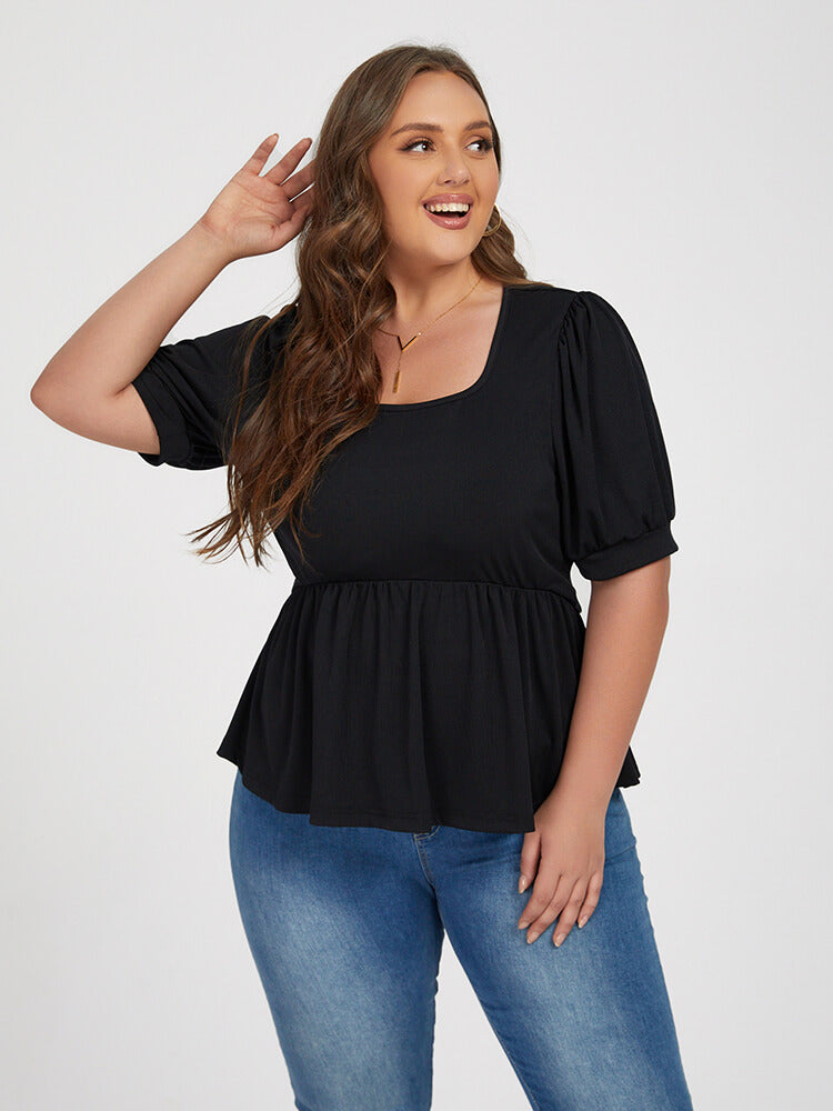 Plus Black Elastic Waist Puff Sleeve Blouse