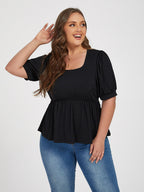 Plus Black Elastic Waist Puff Sleeve Blouse