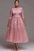 Xpluswear Design Plus Size Formal Tulle Pink Round Neck 3/4 Sleeve Pleated Sequin Midi Dresses