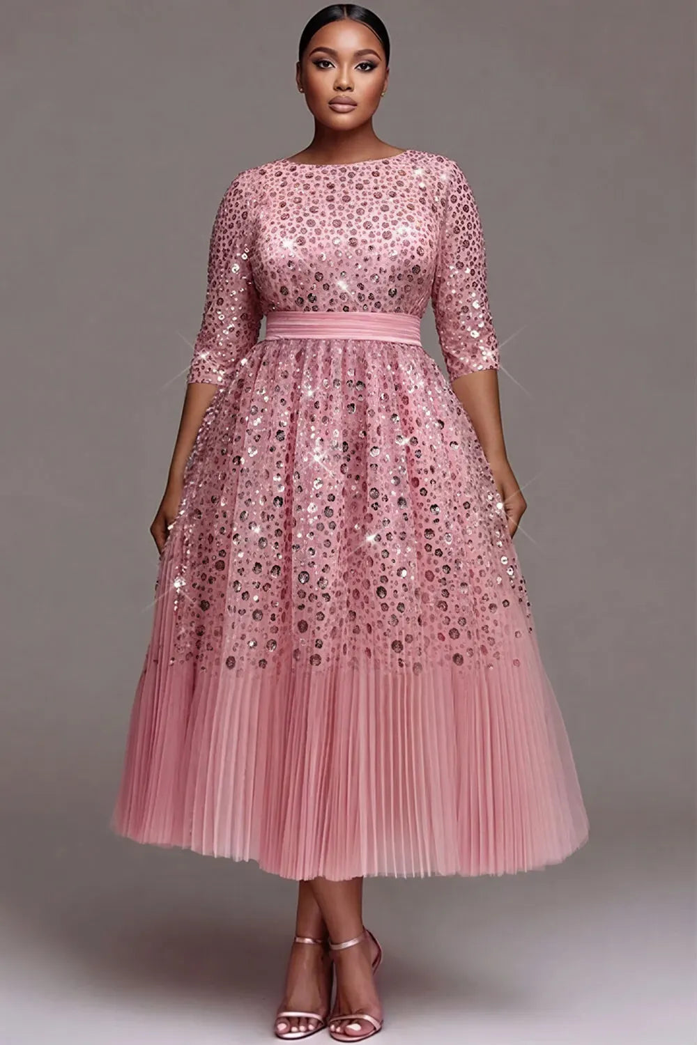 Xpluswear Design Plus Size Formal Tulle Pink Round Neck 3/4 Sleeve Pleated Sequin Midi Dresses