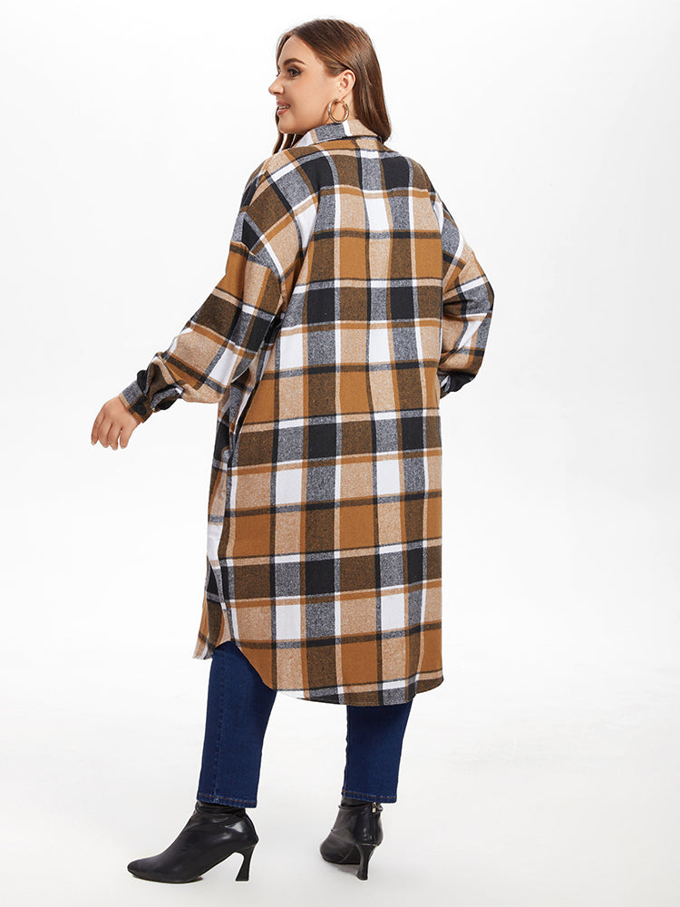 Plaid Print Drop Shoulder Flap Pocket Coat
