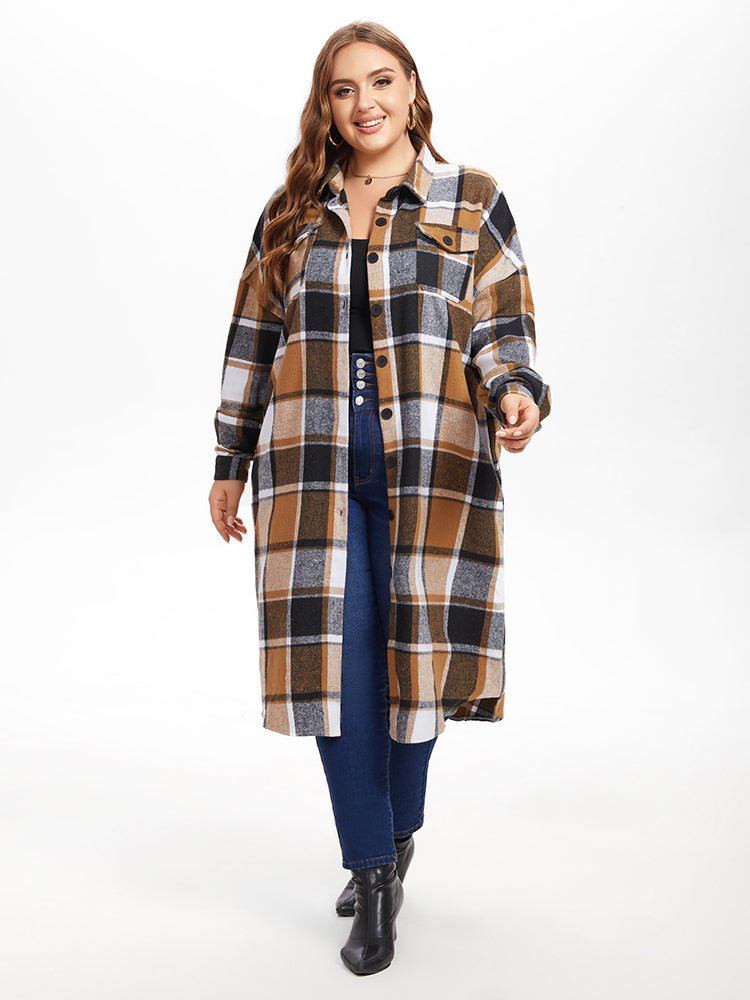 Plaid Print Drop Shoulder Flap Pocket Coat
