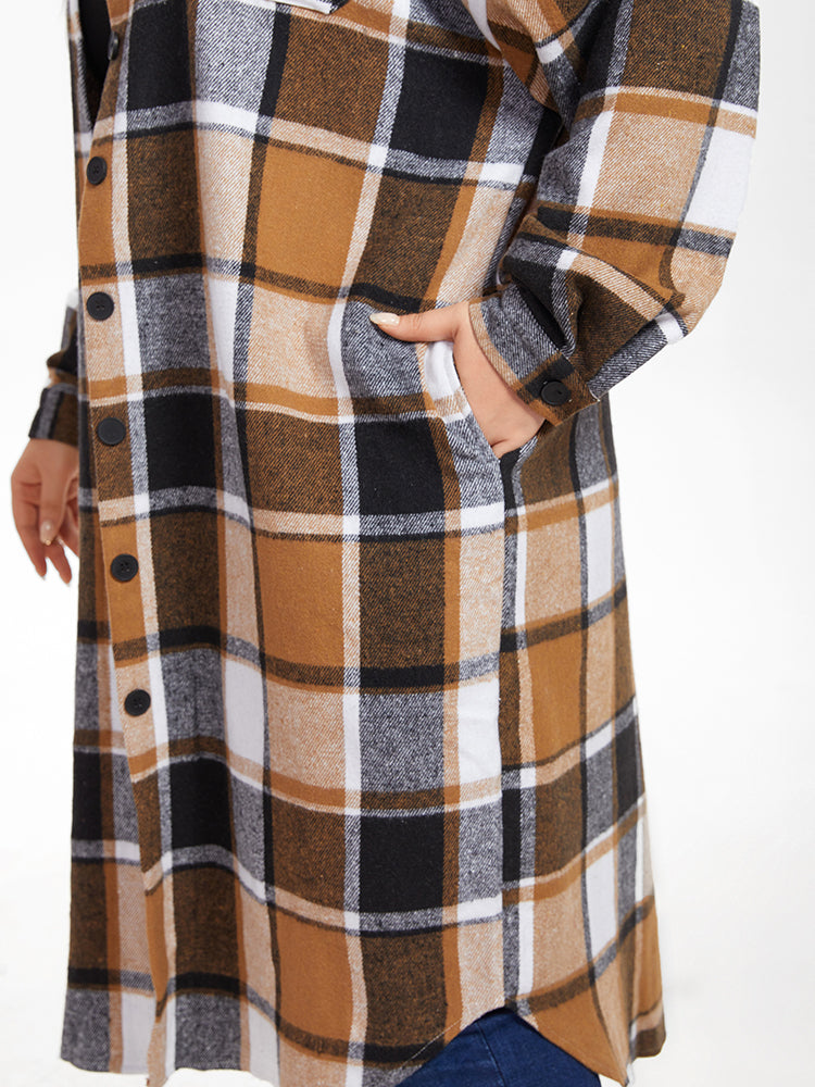 Plaid Print Drop Shoulder Flap Pocket Coat