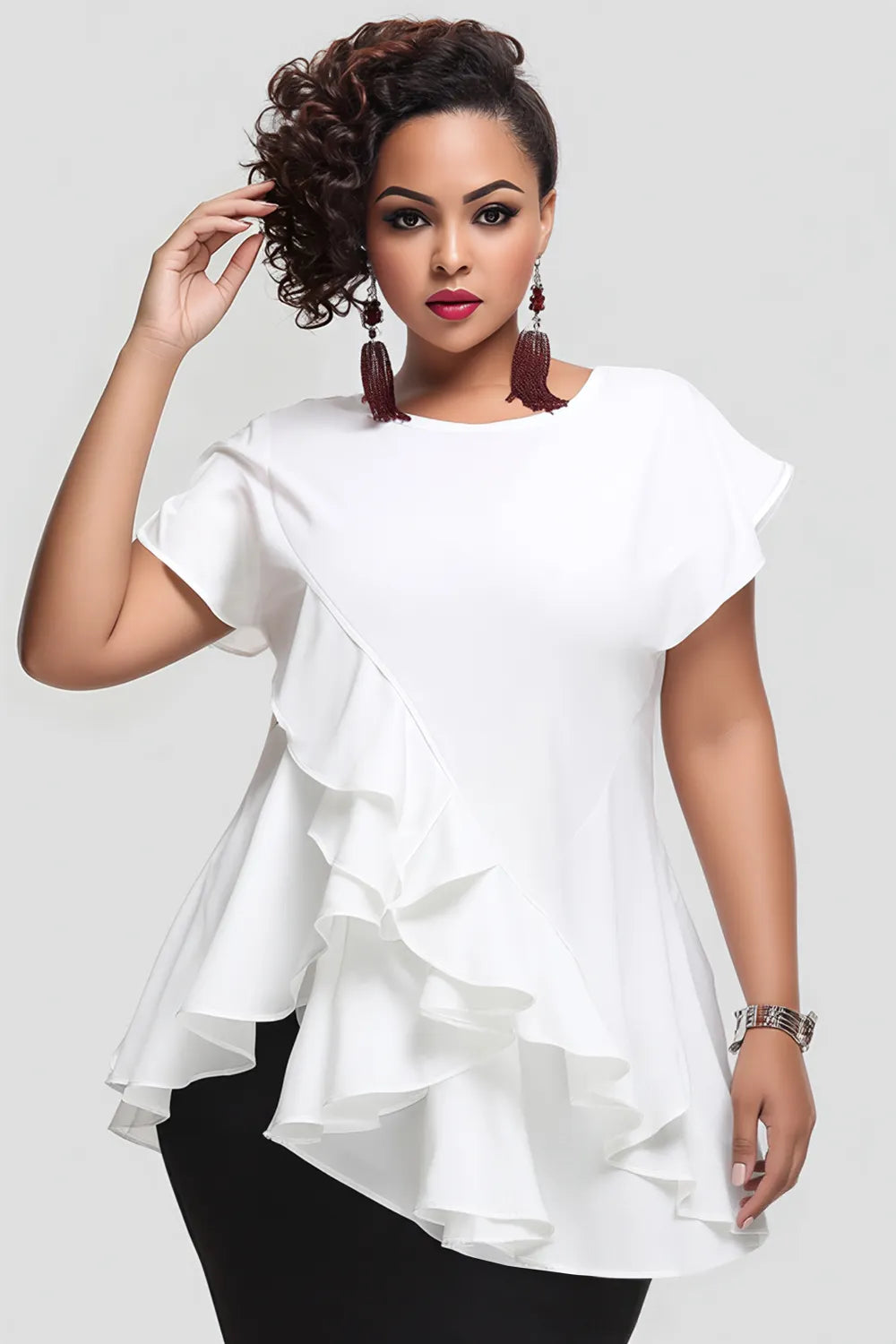 Xpluswear Design Plus Size Daily White Round Neck Short Sleeve Ruffle Tops