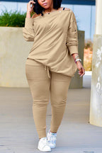 Xpluswear Plus Size Casual Burgundy Long Sleeves Oblique Collar Two Pieces Set