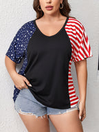 Plus Striped Star Patchwork V-Neck Tee