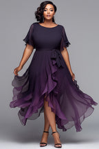 Xpluswear Design Plus Size Cocktail Party Black Gradient Round Neck Short Sleeve Asymmetric Hem Irregular Hem Chiffon Midi Dresses