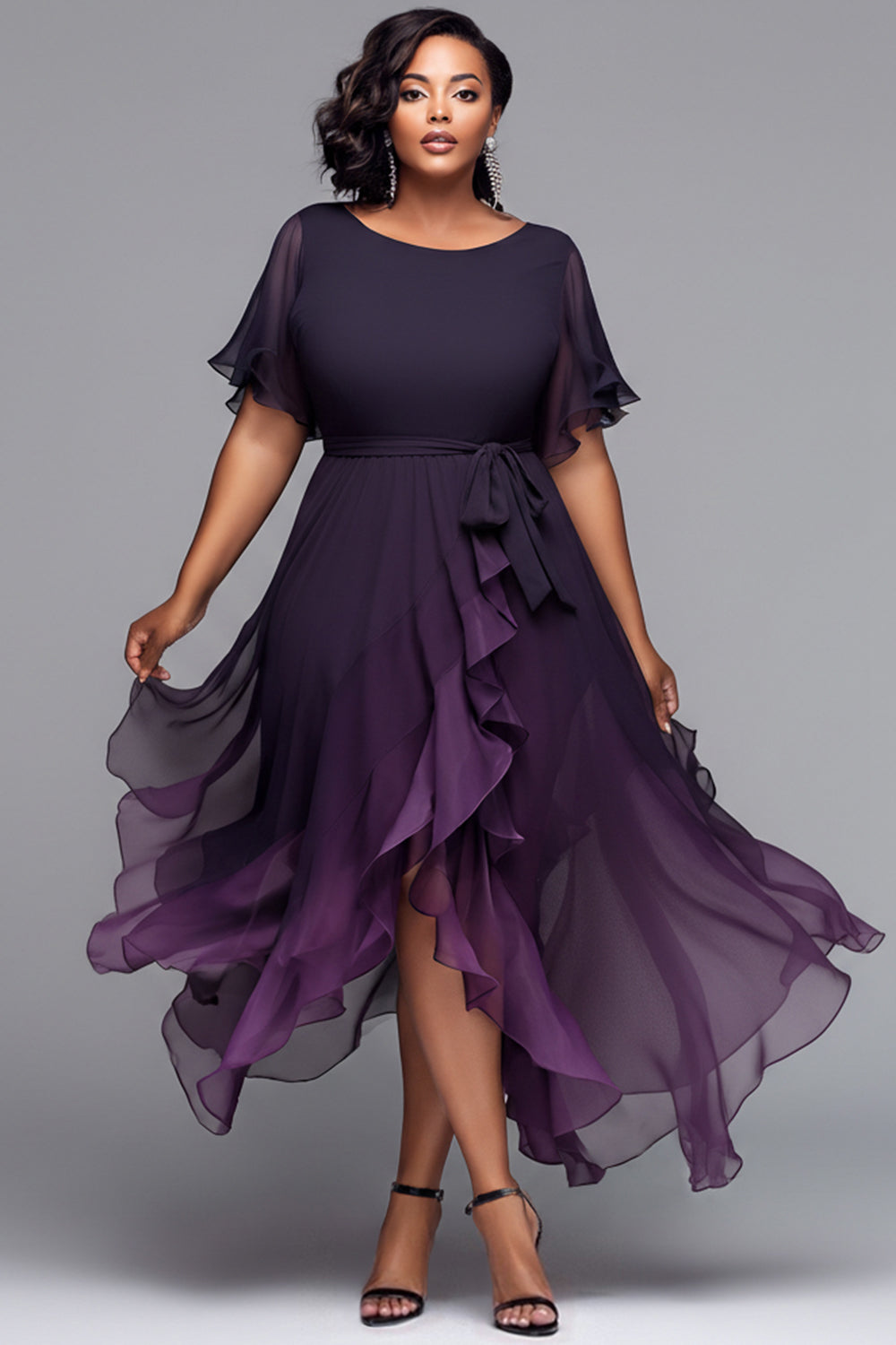 Xpluswear Design Plus Size Cocktail Party Black Gradient Round Neck Short Sleeve Asymmetric Hem Irregular Hem Chiffon Midi Dresses