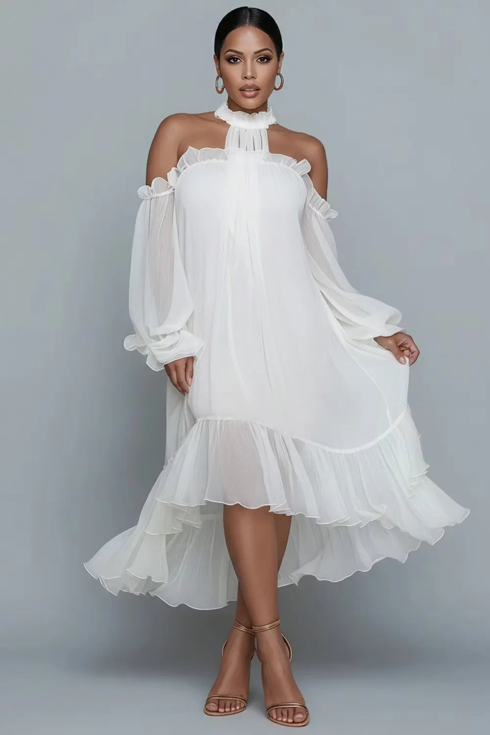 Xpluswear Design Plus Size Birthday White Halter Collar Cold Shoulder Long Sleeve Ruffle Asymmetric Hem Irregular Hem Chiffon Midi Dresses