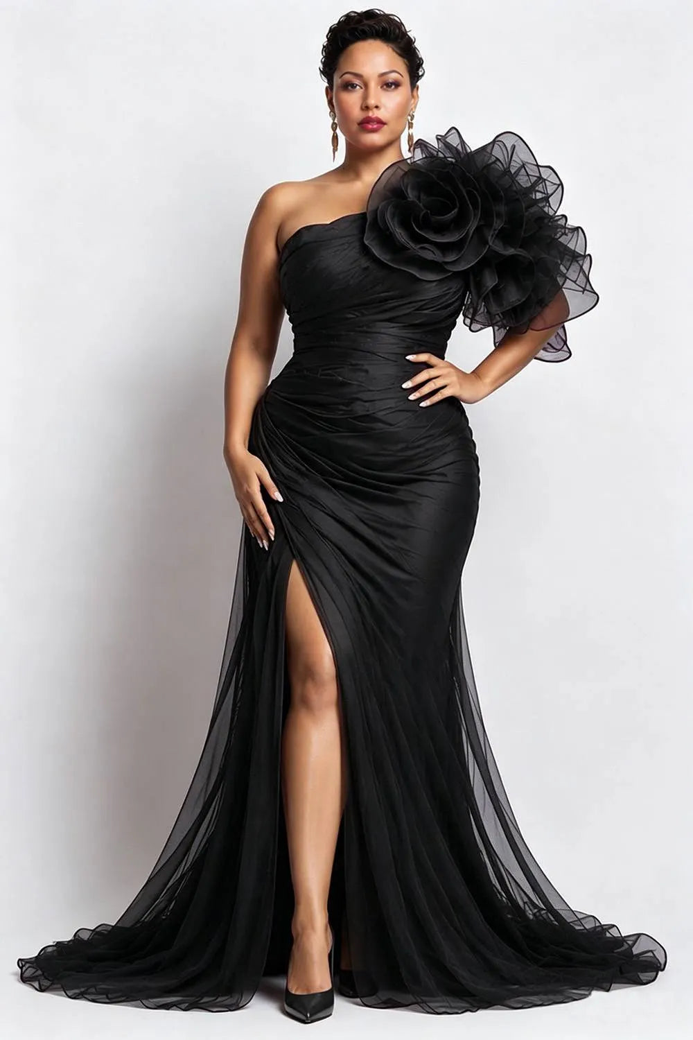 Xpluswear Design Plus Size Formal Black Oblique Collar One Shoulder Short Sleeve 3D Split Chiffon Maxi Dresses [Pre-Order]