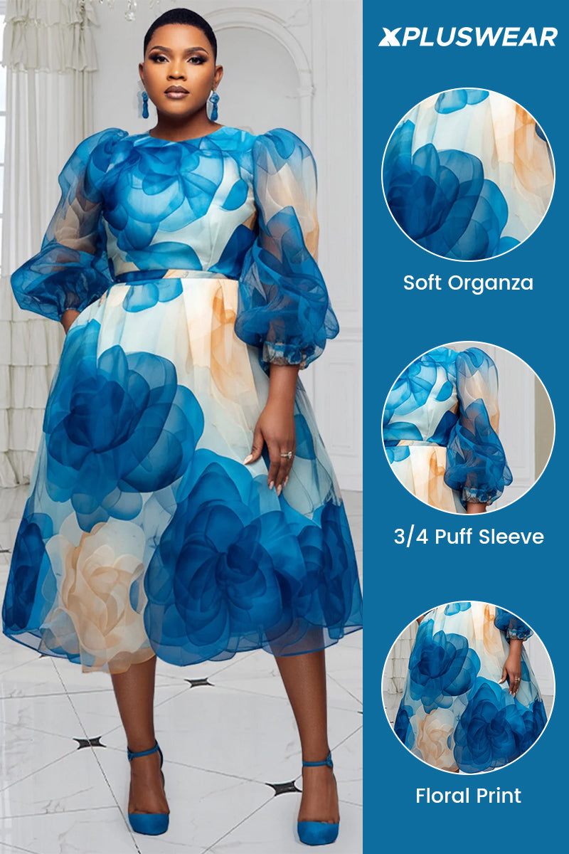 Xpluswear Design Plus Size Cocktail Party Light Blue Round Neck Puff Sleeve 3/4 Sleeve Pocket Organza Midi Dresses