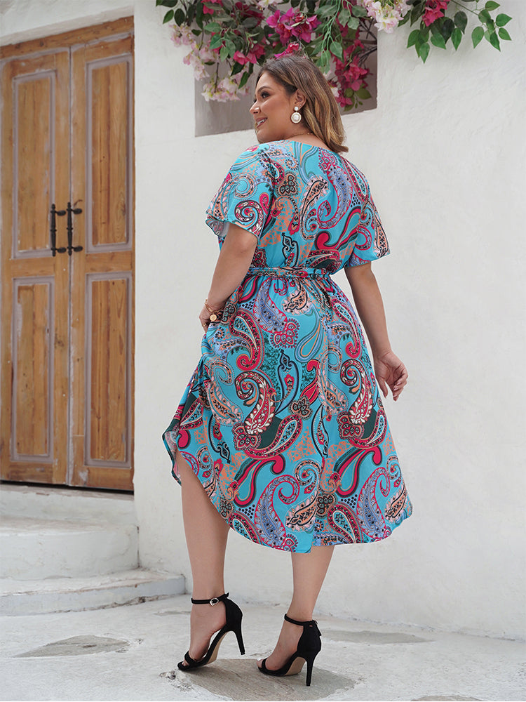 Paisley Print Wrap Belted Curve Hem Dress