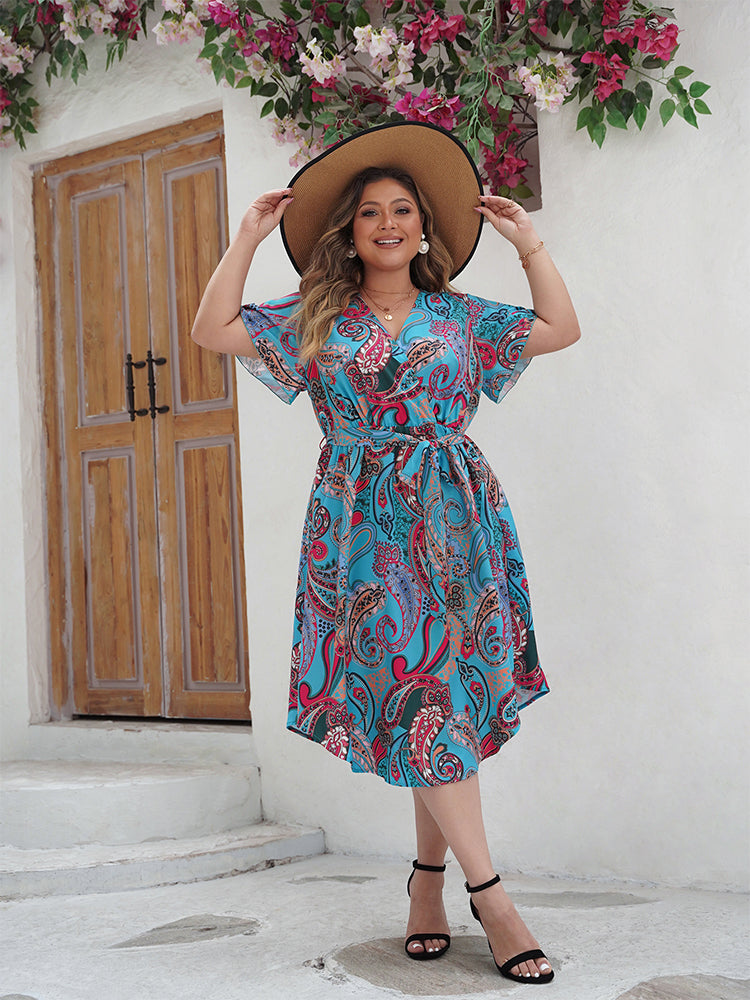Paisley Print Wrap Belted Curve Hem Dress