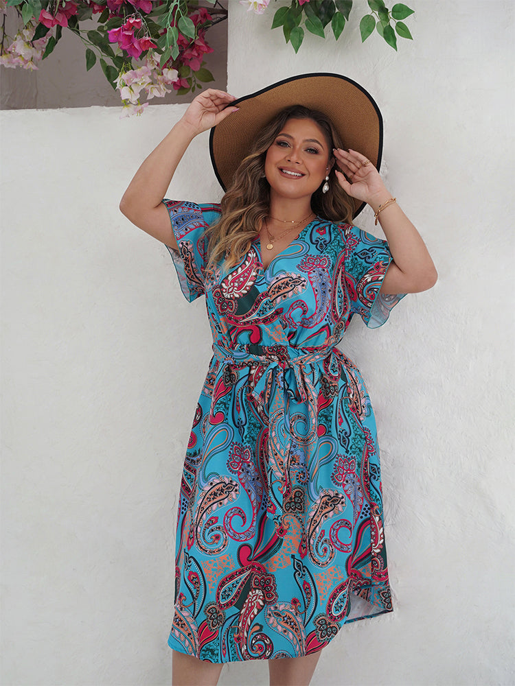 Paisley Print Wrap Belted Curve Hem Dress