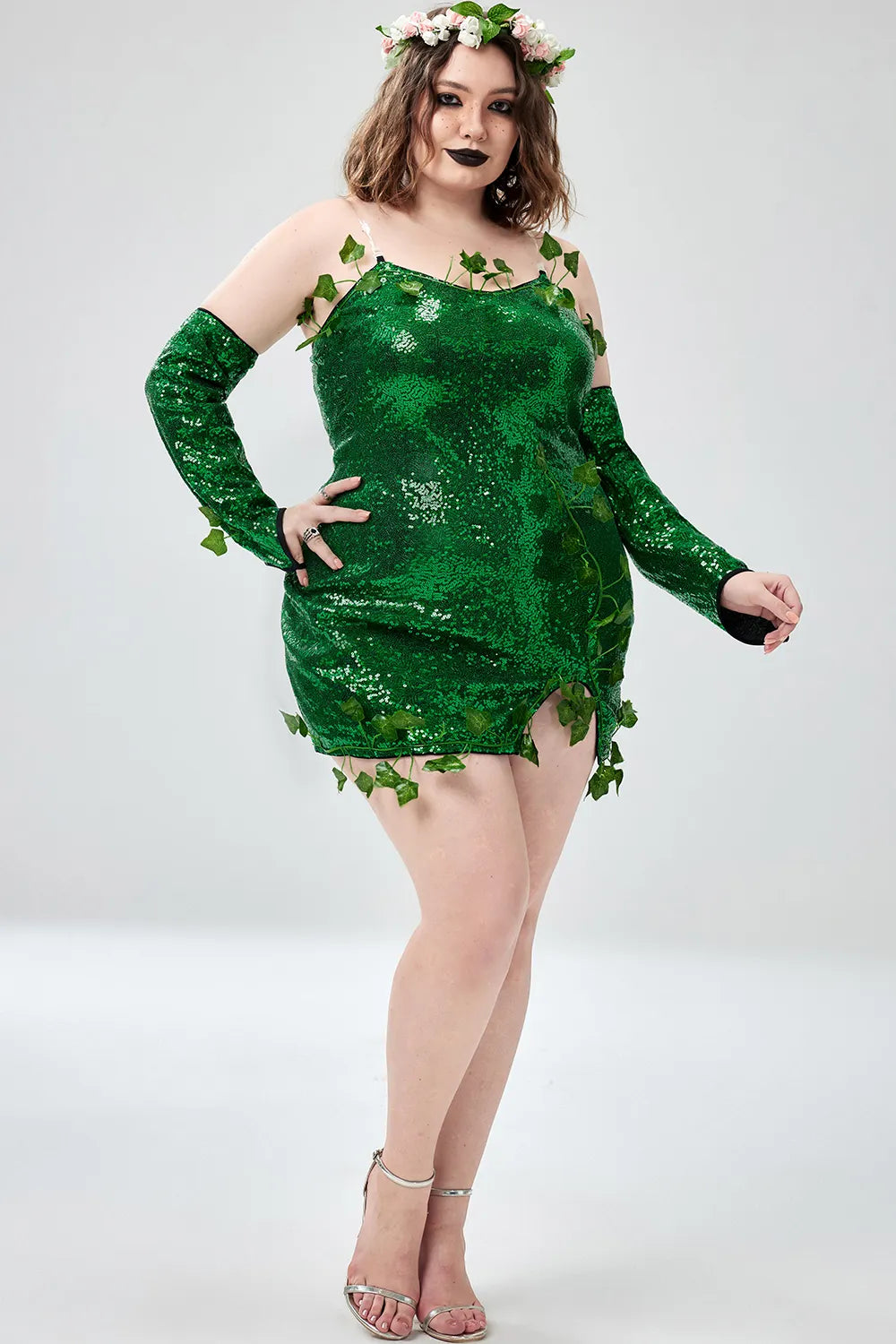 Xpluswear Design Plus Size Halloween Costumes Green Cosplay Sequin Strapless Mini Dress(Ships 24h)