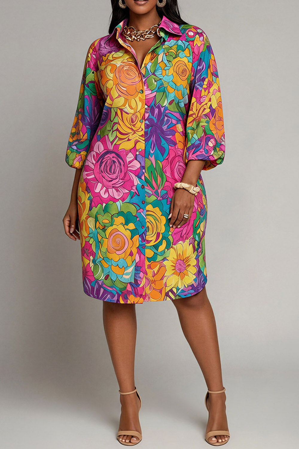 Xpluswear Design Plus Size Party Multicolor Floral Shirt Collar 3/4 Sleeve Pocket Midi Dresses