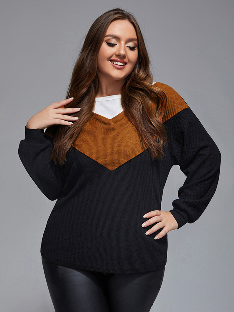 Plus Colorblock Contrast Waffle Sweater