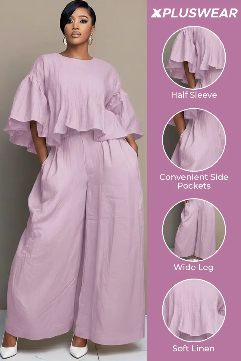 Xpluswear Design Plus Size Business Casual Purple Round Neck Half Sleeve Pocket Wide Leg Linen Two Piece Pant Sets