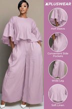 Xpluswear Design Plus Size Business Casual Purple Round Neck Half Sleeve Pocket Wide Leg Linen Two Piece Pant Sets