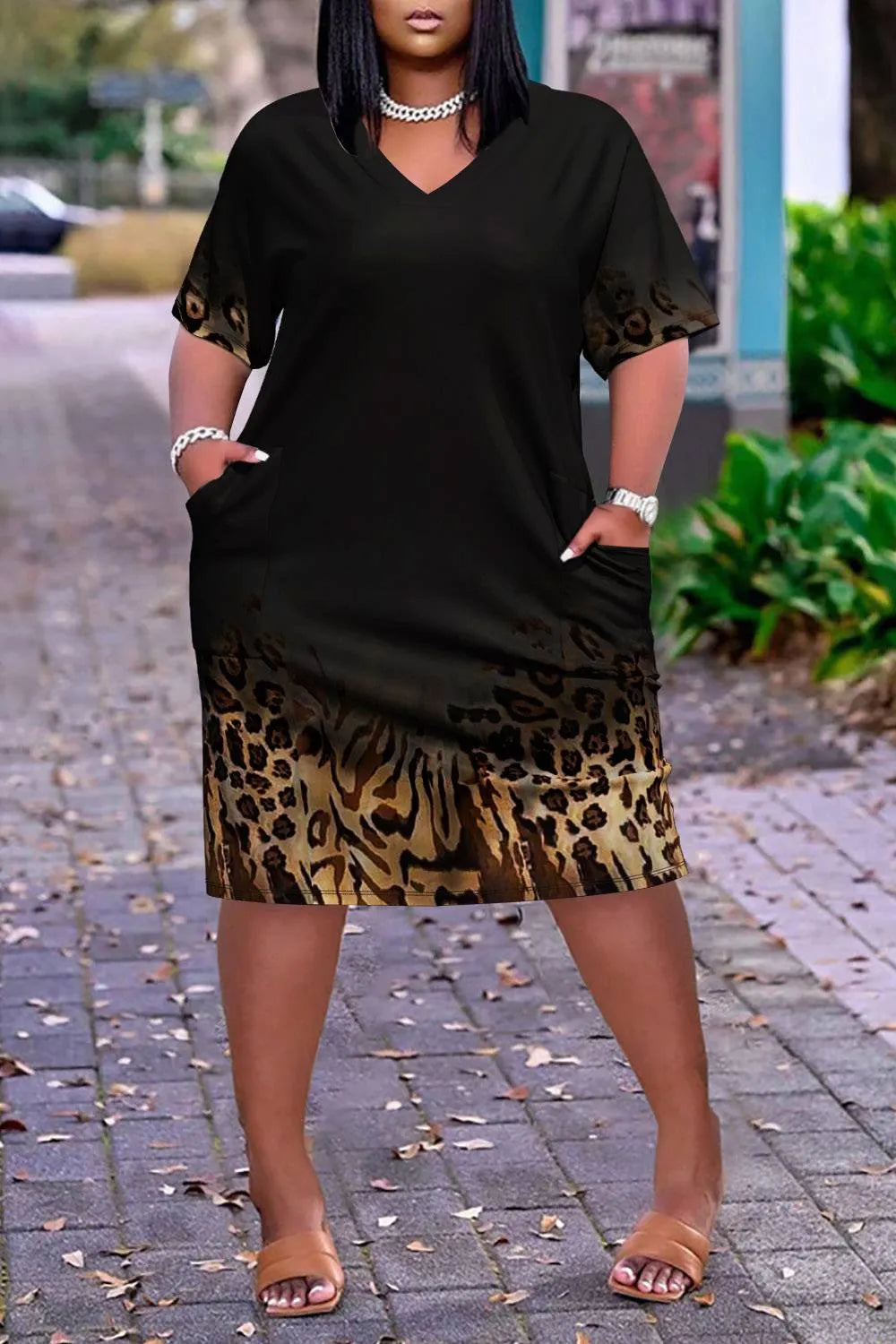 Plus Size Daily Khaki Casual Leopard V Neck Short Sleeve Pocket Midi Dresses