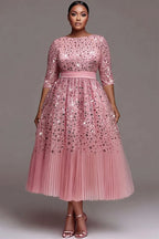 Xpluswear Design Plus Size Formal Tulle Pink Round Neck 3/4 Sleeve Pleated Sequin Midi Dresses