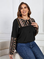 Plus Black Floral Patchwork Tie Neck Ruched Blouse
