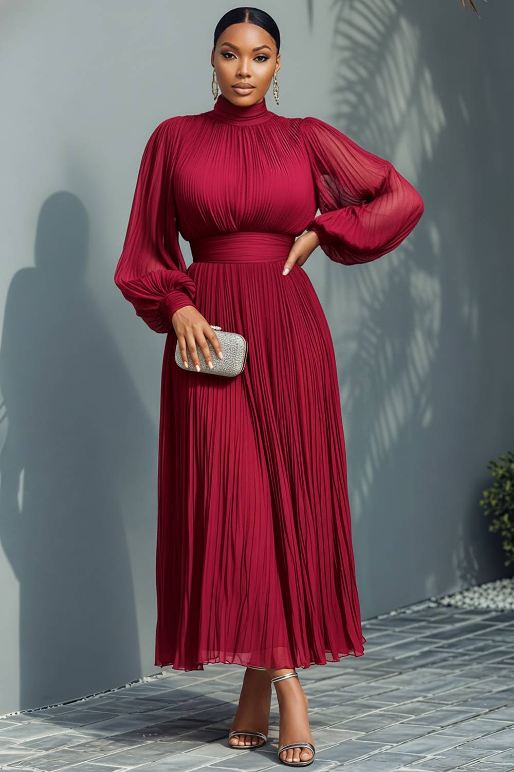 Xpluswear Design Plus Size Churchs Navy Blue Mock Neck Lantern Sleeve Long Sleeve See Through Elegant Ruffled Midi Dresses