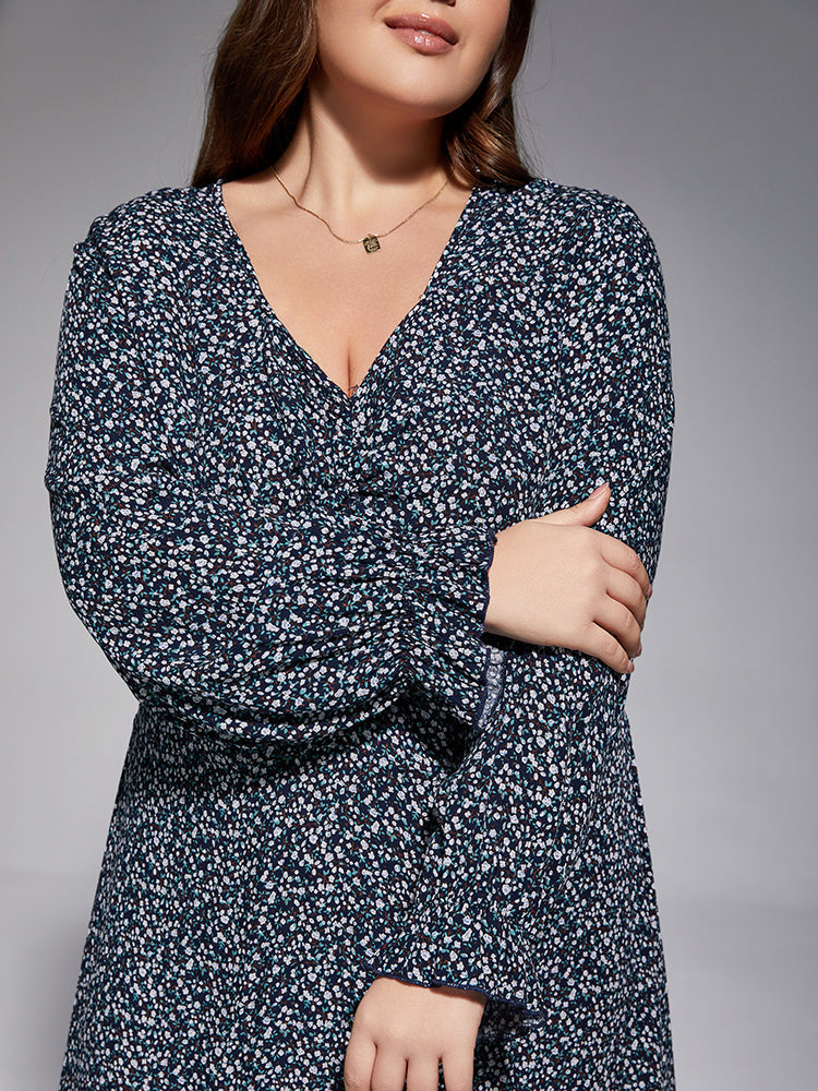 VIP Plus Blue Ruched Elastic Waist Split Midi Dress