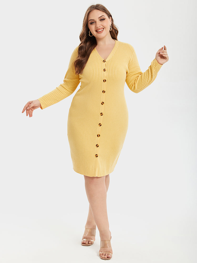 VIP V-Neck Button Front Bodycon Knit Dress